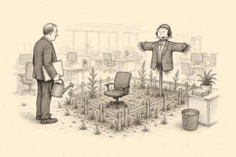 An open-plan office contains one fenced-off desk space converted into a weedy field with a scarecrow in business clothes, while a manager looks on holding a roster folder.
