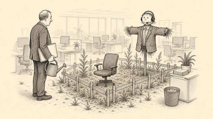 An open-plan office contains one fenced-off desk space converted into a weedy field with a scarecrow in business clothes, while a manager looks on holding a roster folder.