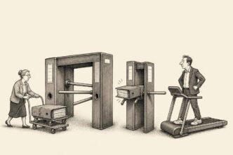 A payroll archive with two binder-built turnstiles: one wide and old, one narrow and new. An old gym invoice passes through; a new one is jammed. A suited DGA stands on a treadmill holding a briefcase.