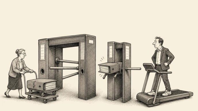 A payroll archive with two binder-built turnstiles: one wide and old, one narrow and new. An old gym invoice passes through; a new one is jammed. A suited DGA stands on a treadmill holding a briefcase.
