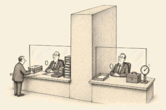 Single-panel cartoon in a Dutch tax office. A worried business owner gives an objection file to one official behind glass, while the correct official sits immediately beside them with an empty tray and a ticking interest meter. A thick