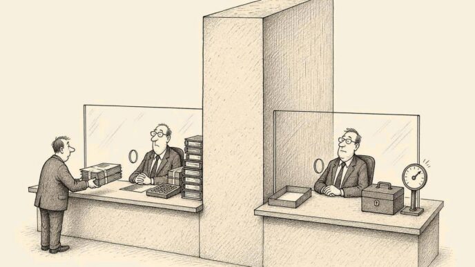 Single-panel cartoon in a Dutch tax office. A worried business owner gives an objection file to one official behind glass, while the correct official sits immediately beside them with an empty tray and a ticking interest meter. A thick