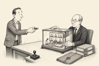A notary inspects a tiny preserved online meeting under glass while a director offers a USB stick. The miniature scene includes webcam faces, a raised hand, a ballot box and minutes, suggesting digital governance must survive later