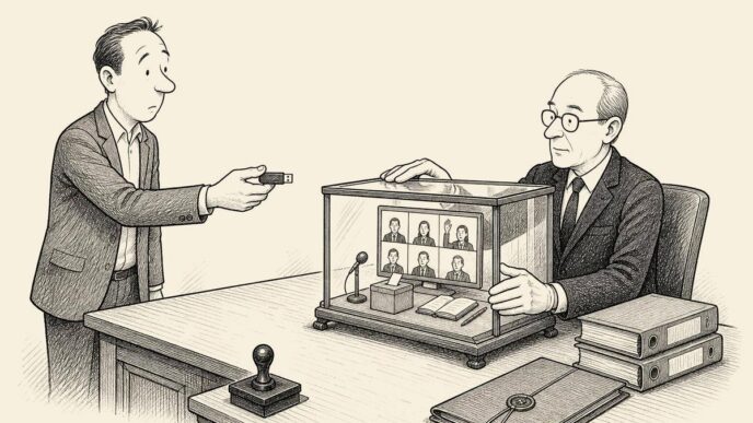 A notary inspects a tiny preserved online meeting under glass while a director offers a USB stick. The miniature scene includes webcam faces, a raised hand, a ballot box and minutes, suggesting digital governance must survive later