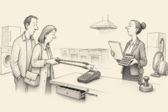 A restrained appliance showroom scene: cautious customers hover a payment card over a terminal with tongs, while the owner waits with invoice papers and a chained discount stamp. The cash register drawer is barely open.