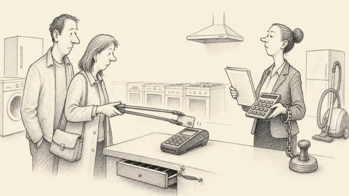 A restrained appliance showroom scene: cautious customers hover a payment card over a terminal with tongs, while the owner waits with invoice papers and a chained discount stamp. The cash register drawer is barely open.