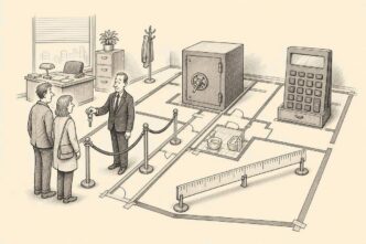 A mortgage adviser in a bank office gives house keys to buyers, but the taped floor plan on the floor shows they are only allowed into the hallway while financial objects fill the rest.