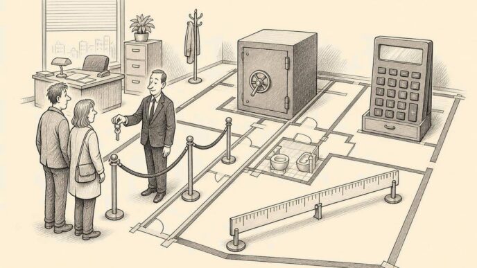 A mortgage adviser in a bank office gives house keys to buyers, but the taped floor plan on the floor shows they are only allowed into the hallway while financial objects fill the rest.