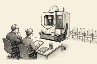 A sober factory office interview scene shows two managers seriously interviewing a CNC machine seated like a job applicant, with empty waiting chairs and staff paperwork nearby.