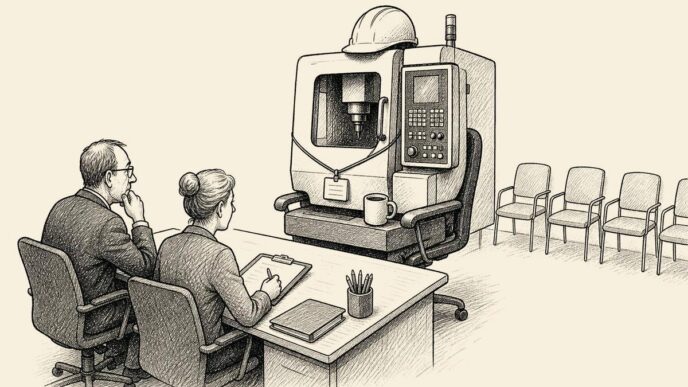 A sober factory office interview scene shows two managers seriously interviewing a CNC machine seated like a job applicant, with empty waiting chairs and staff paperwork nearby.