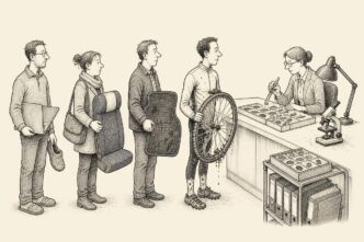 An HR counter turned into a forensic evidence desk, with employees submitting bicycle, car, train and home-working clues while a payroll clerk catalogues commute evidence.