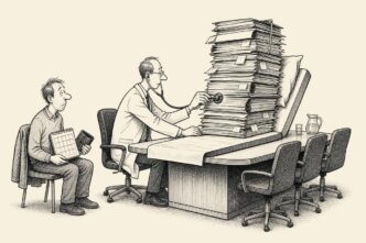 A company doctor examines a large pile of administrative files on an examination table with a stethoscope, while the worker waits nearby with a calendar and wallet.