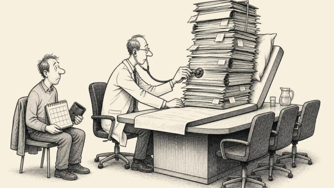 A company doctor examines a large pile of administrative files on an examination table with a stethoscope, while the worker waits nearby with a calendar and wallet.