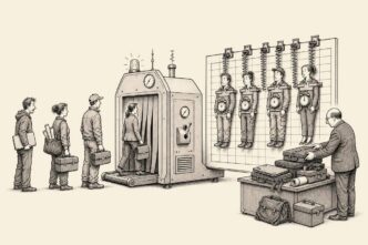 Freelancers enter a bureaucratic machine at an office counter and come out attached to a large roster board as on-call workers with alarm clocks. An accountant stacks their former briefcases beside the machine.