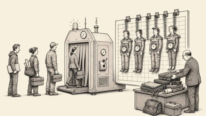 Freelancers enter a bureaucratic machine at an office counter and come out attached to a large roster board as on-call workers with alarm clocks. An accountant stacks their former briefcases beside the machine.