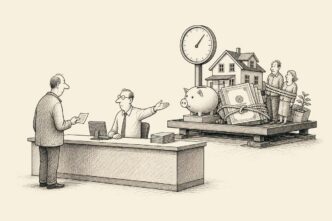 A taxpayer at a tax counter holds one small document while a clerk points to a large weighbridge filled with symbolic private assets, including a piggy bank and a model house.