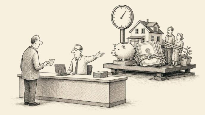 A taxpayer at a tax counter holds one small document while a clerk points to a large weighbridge filled with symbolic private assets, including a piggy bank and a model house.