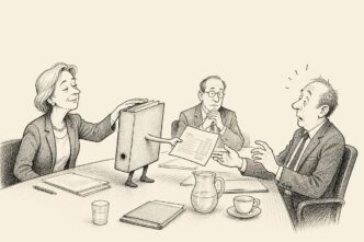 A small foundation board sits at a plain meeting table. A thick budget folder with legs stands on the table and presents an invoice to a surprised treasurer. Other directors look embarrassed, with binders, coffee mugs, and institutional
