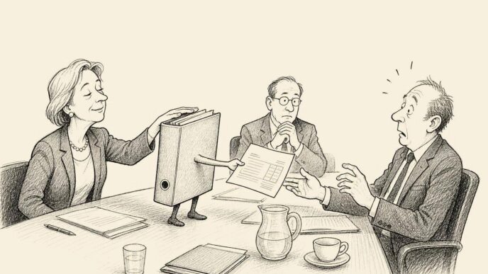 A small foundation board sits at a plain meeting table. A thick budget folder with legs stands on the table and presents an invoice to a surprised treasurer. Other directors look embarrassed, with binders, coffee mugs, and institutional