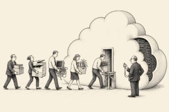 Office workers conduct a cloud migration drill, carrying boxes and equipment out of a cloud-shaped server room through an impossibly narrow turnstile door while a manager times them with a stopwatch.