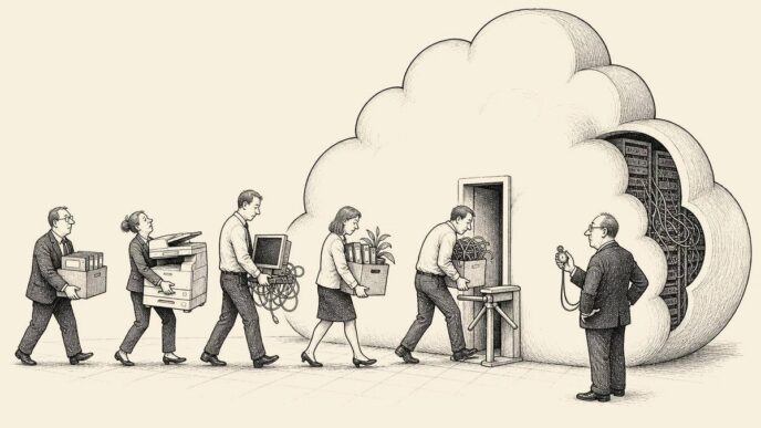Office workers conduct a cloud migration drill, carrying boxes and equipment out of a cloud-shaped server room through an impossibly narrow turnstile door while a manager times them with a stopwatch.