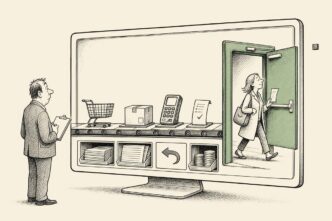 A small webshop owner in an office watches a customer walk through a real emergency-exit door built into a checkout screen, while parcels and receipts move along a neat conveyor.