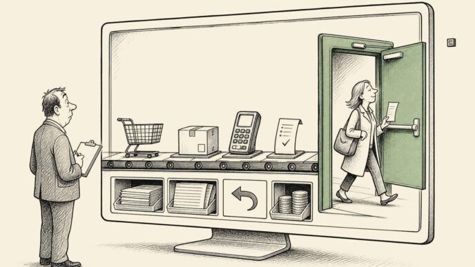 A small webshop owner in an office watches a customer walk through a real emergency-exit door built into a checkout screen, while parcels and receipts move along a neat conveyor.