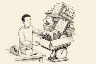 A webshop worker packs a very small jacket into a box dominated by a huge pile of compliance paperwork, with the parcel scale straining under the forms.