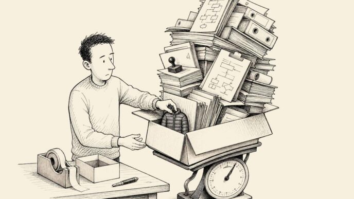 A webshop worker packs a very small jacket into a box dominated by a huge pile of compliance paperwork, with the parcel scale straining under the forms.