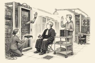 A dry editorial cartoon scene in a server room: a judge, clerk, and small SaaS founder conduct a courtroom ritual among server racks. A server rack appears to be sworn in as a witness with a small mechanical arm raised. No text appears