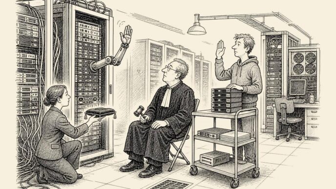 A dry editorial cartoon scene in a server room: a judge, clerk, and small SaaS founder conduct a courtroom ritual among server racks. A server rack appears to be sworn in as a witness with a small mechanical arm raised. No text appears