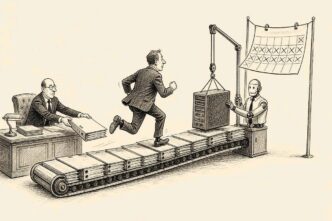 A business director runs on a treadmill made of invoice folders as a banker lengthens it with loan documents and an AI server is placed heavily onto the moving belt.
