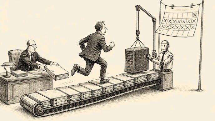 A business director runs on a treadmill made of invoice folders as a banker lengthens it with loan documents and an AI server is placed heavily onto the moving belt.