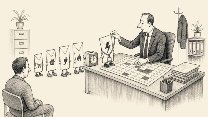 A human resources manager assigns a shift to an envelope with a lightning icon while other bill envelopes queue at a time clock. A real employee waits behind them in the office.