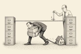 In a plain Dutch payroll office, a founder carrying boxes tries to pass under a low bar between filing cabinets. A small house chained to his ankle catches on the floor while a calm official lowers the bar a little. No text appears inside
