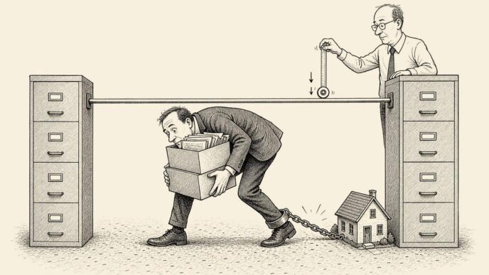 In a plain Dutch payroll office, a founder carrying boxes tries to pass under a low bar between filing cabinets. A small house chained to his ankle catches on the floor while a calm official lowers the bar a little. No text appears inside