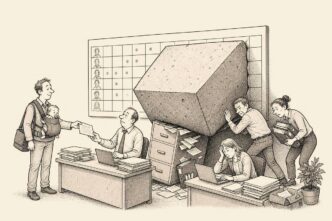 A small office with a wall planner where one calendar square protrudes like a massive concrete block, while an employee with a baby carrier calmly submits a form.