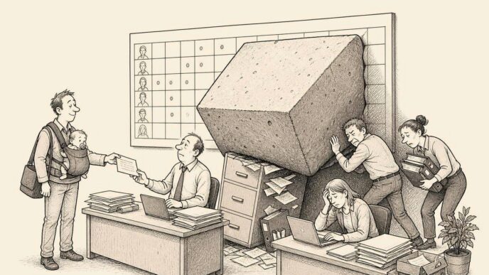 A small office with a wall planner where one calendar square protrudes like a massive concrete block, while an employee with a baby carrier calmly submits a form.