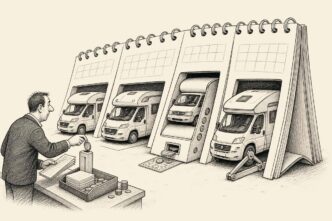 On a wet Dutch forecourt, campervans are trapped inside oversized calendar pages that work like parking meters and wheel clamps, while a business owner feeds papers and coins into the calendar.