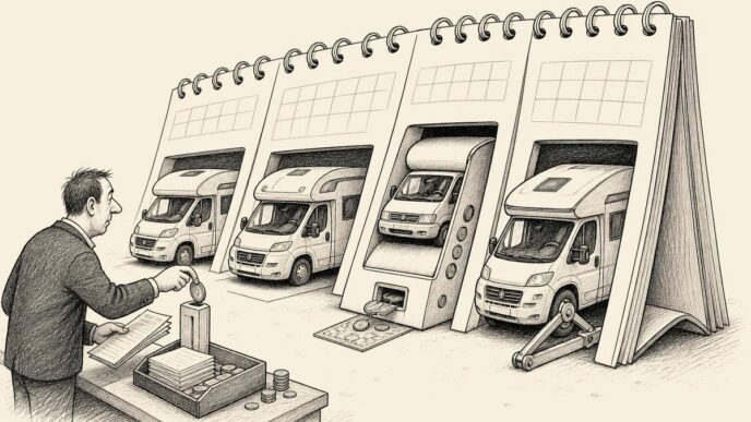 On a wet Dutch forecourt, campervans are trapped inside oversized calendar pages that work like parking meters and wheel clamps, while a business owner feeds papers and coins into the calendar.