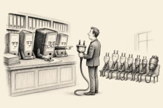 A company archive room is drawn like a municipal waiting counter. Old binders behind the counter act like clerks. A business owner holding a large power plug is directed toward a bench where several other plugs wait like applicants. No