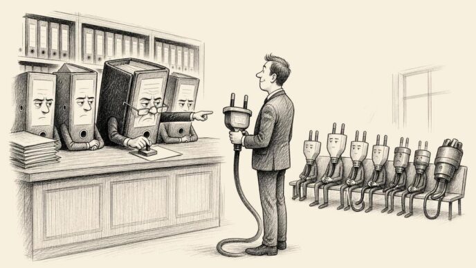 A company archive room is drawn like a municipal waiting counter. Old binders behind the counter act like clerks. A business owner holding a large power plug is directed toward a bench where several other plugs wait like applicants. No