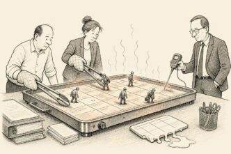A small Dutch office with filing cabinets and a planning table. A weekly roster is drawn as a glowing hot metal plate. An owner in shirtsleeves uses tongs to move miniature workers around it, an HR adviser wears oven mitts, and a labour