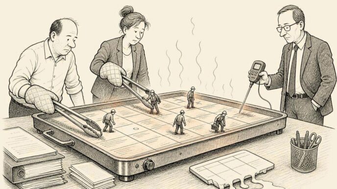 A small Dutch office with filing cabinets and a planning table. A weekly roster is drawn as a glowing hot metal plate. An owner in shirtsleeves uses tongs to move miniature workers around it, an HR adviser wears oven mitts, and a labour
