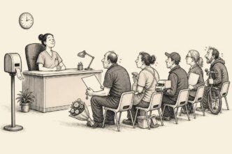 Several small-business owners wait nervously to be interviewed by a single job candidate seated behind a desk.
