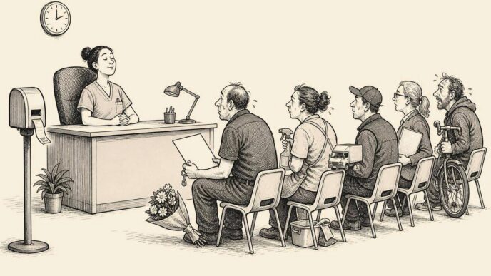 Several small-business owners wait nervously to be interviewed by a single job candidate seated behind a desk.