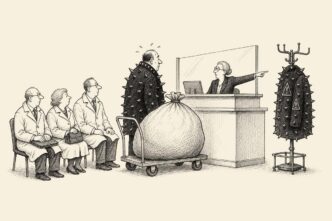A Dutch tax office counter with a pension board pushing a large sack of pooled money. The tax official points to a rack with a dangerous spiked coat, which the employer is wearing instead of the pension participants.