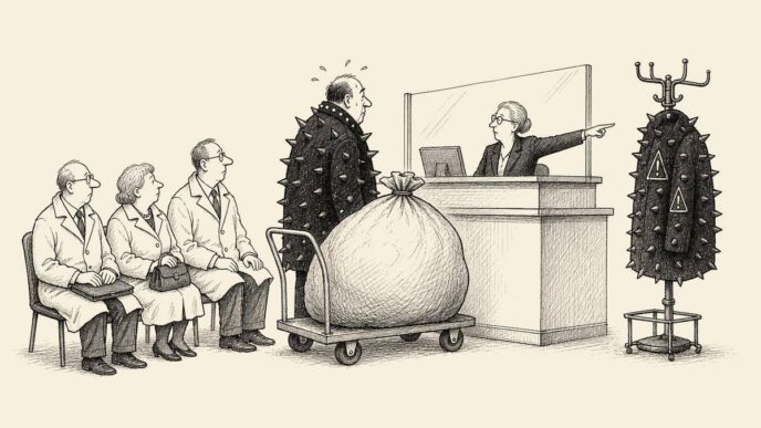 A Dutch tax office counter with a pension board pushing a large sack of pooled money. The tax official points to a rack with a dangerous spiked coat, which the employer is wearing instead of the pension participants.