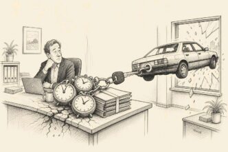 A Dutch office desk buckles under a car key attached to three large alarm clocks and tax files, while a small older company car is tugged through the window by the keychain. No text appears inside the drawing.