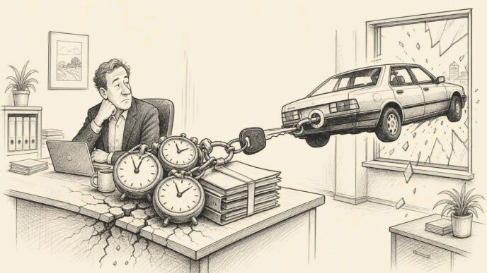 A Dutch office desk buckles under a car key attached to three large alarm clocks and tax files, while a small older company car is tugged through the window by the keychain. No text appears inside the drawing.